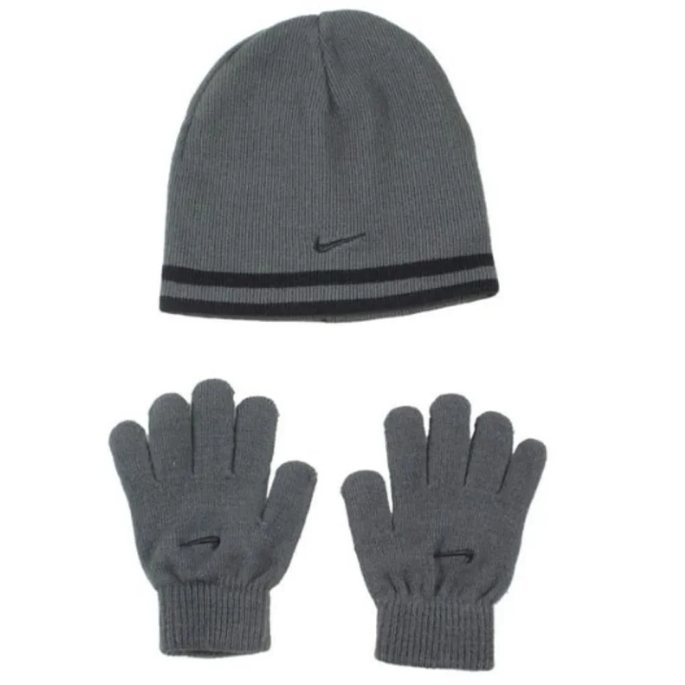 NWT Nike Youth Beanie Hat and Glove Set Gray with Black Stripe One Size